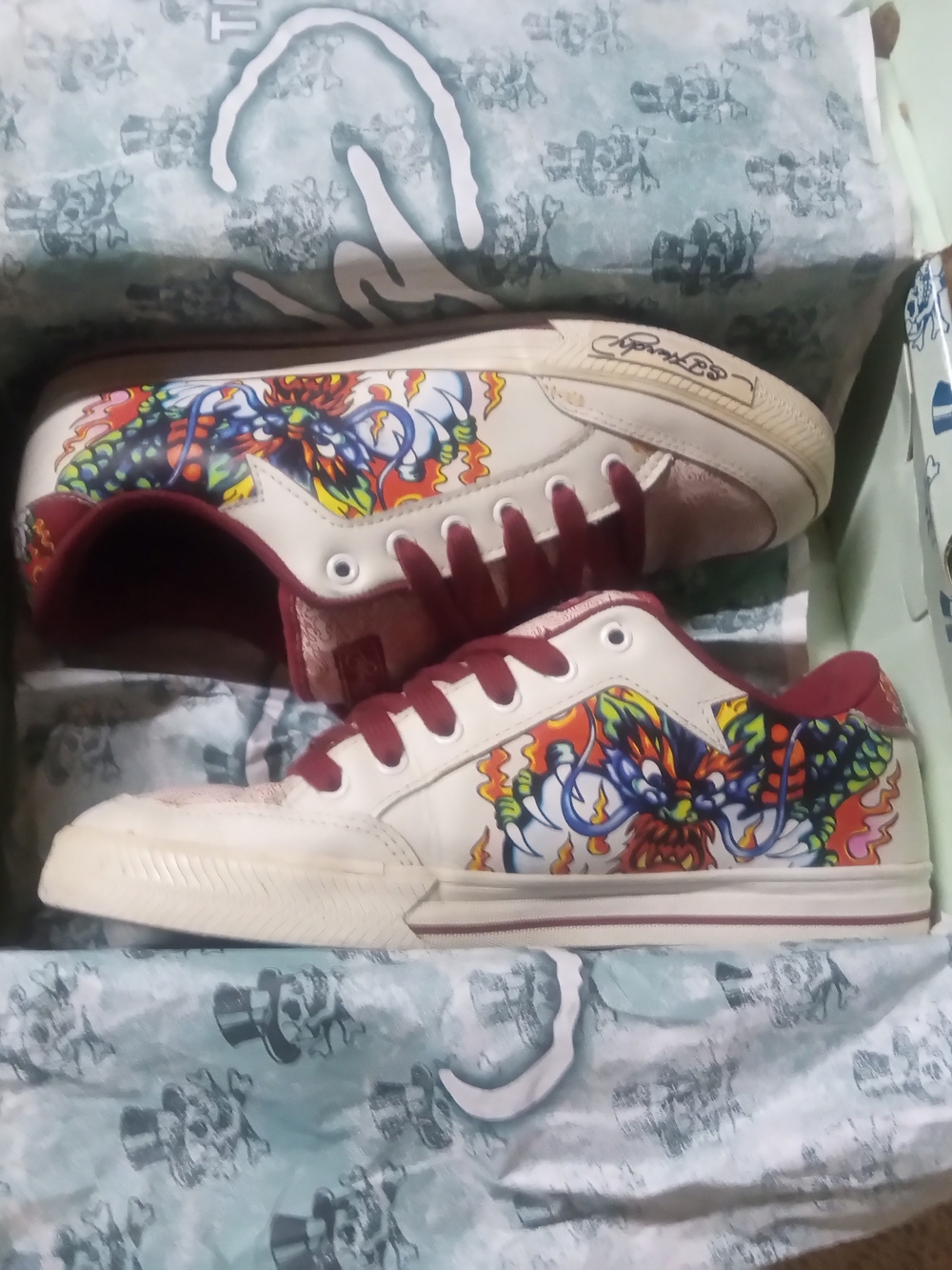 Throw Back Ed Hardy Leather Sneakers with Red Accents and Colorful Floral Print